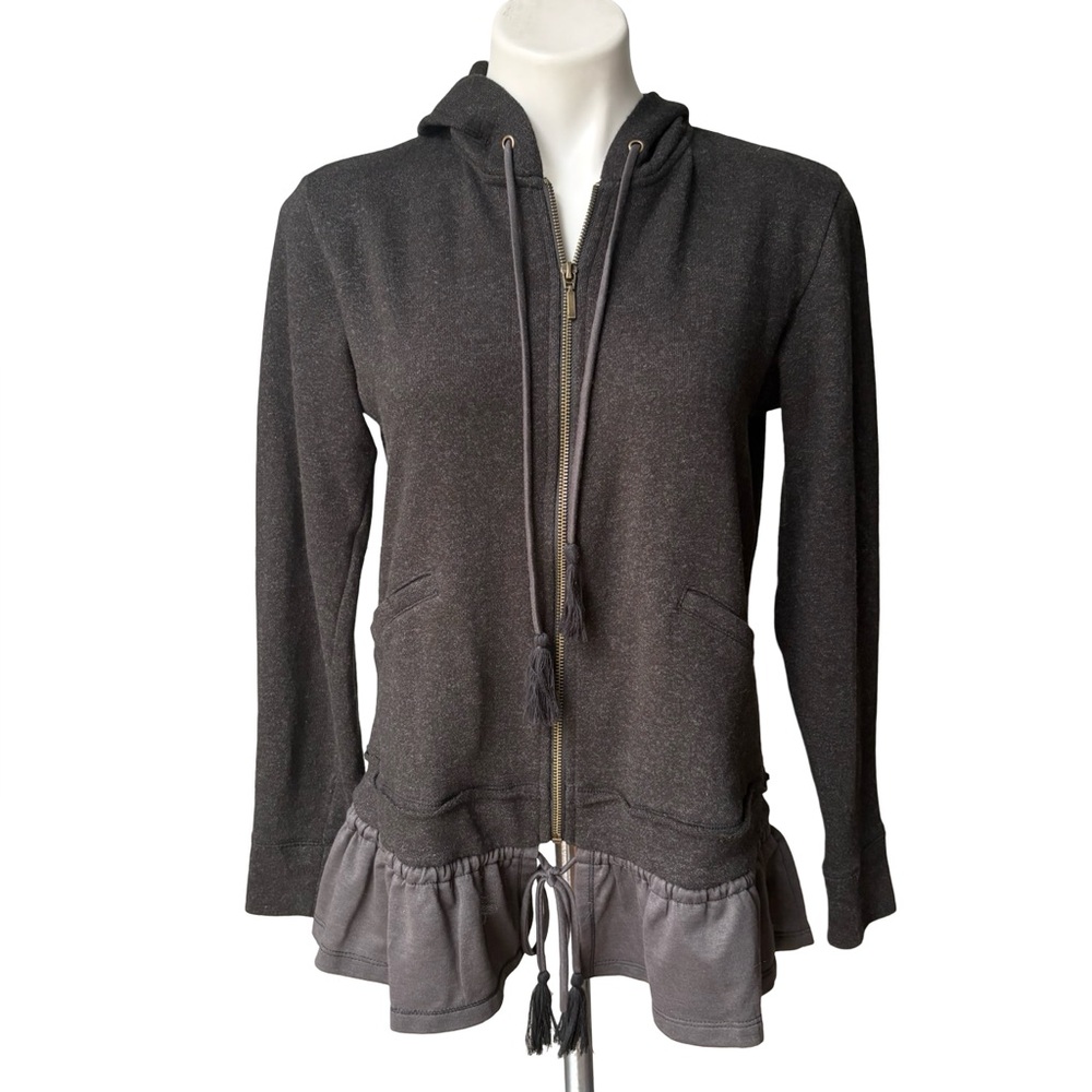 Knox Rose Gray Zip Front Long Length Hooded Sweater with Ruffle Hem, Sz S